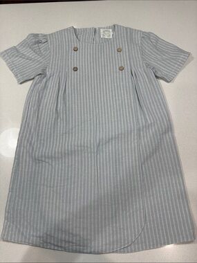 Flora & Dot Light Blue Green & White Striped Button-Front Girls' Linen Dress